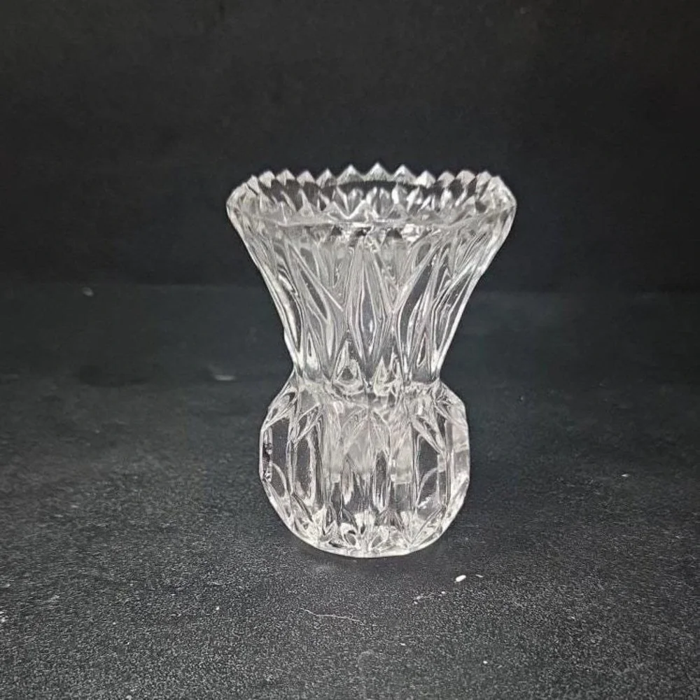 Crystal Thistle Pineapple Toothpick Holder, Vtg Glass Bud Vase, Saw Edge Design‎